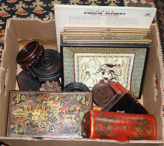 Six Chinese or Japanese wood stands, four Chinese boxes, four embroidered panels, two LPs etc.